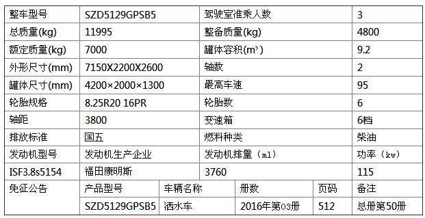 10噸福田歐馬可灑水車參數表 10噸福田歐馬可灑水車參數表